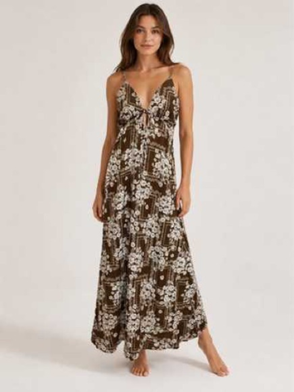 Anthropologie Paper Heart Botanical Stamp Brown Maxi Dress Spaghetti Straps L